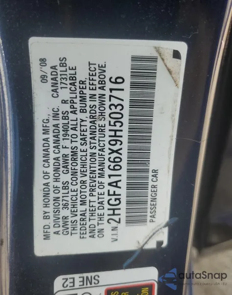 2009 Honda Civic Lx-S from USA, damaged, VIN 2HGFA166X9H503716